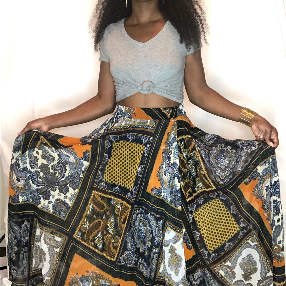 Multi-patterned high waist maxi skirt